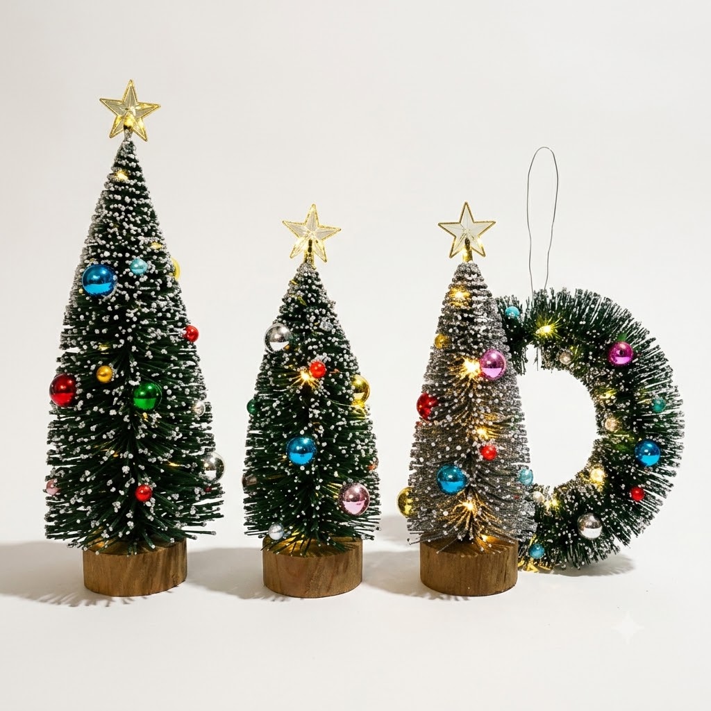 Lighted Miniature Sisal Bottle Brush Christmas Tree & Wreath Set
