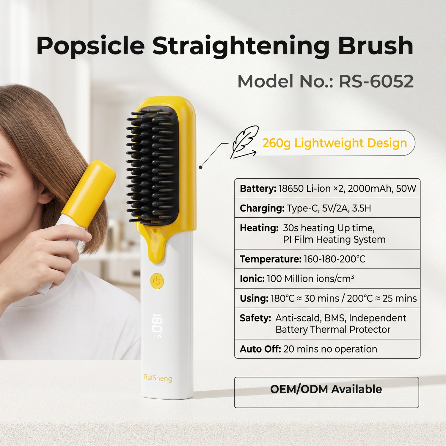 Rechargeable Cordless Hair Straightener Brush – Ionic 100M, 3 Heat Levels, 30s Fast Heat, Detachable Head, Type-C, Portable for Travel